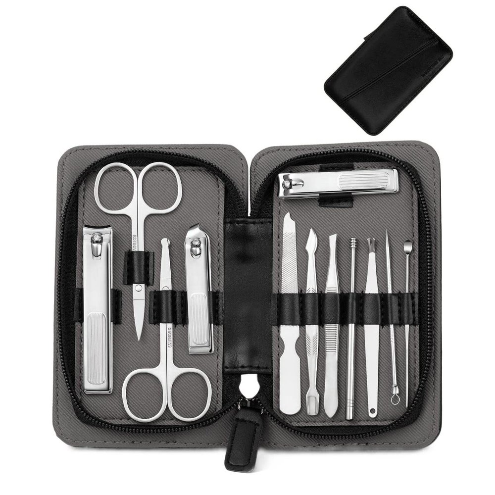 GANYUU Manicure Set Pedicure Sets Nail Clipper Stainless Steel Nail Cutter Tools Nail Scissors File Eyebrow and Eyelash Trimmer Kit (Color : 12pcs-Black)
