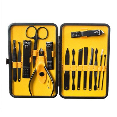 MAALYA Stainless Steel Nail Clipper Cutter Trimmer Scissor Tweezers Knife Ear Pick Grooming Kit Manicure Pedicure Toe Tools (Color : 15pcs Yellow)