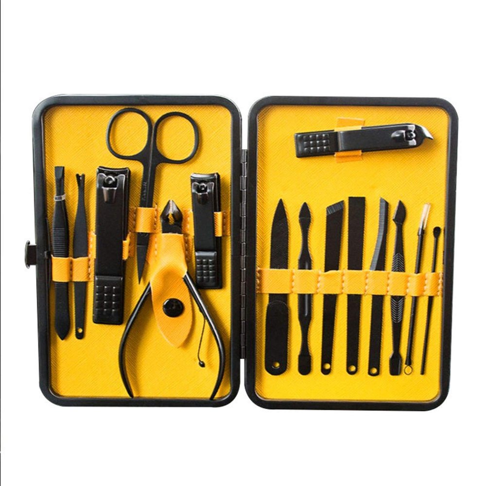 MAALYA Stainless Steel Nail Clipper Cutter Trimmer Scissor Tweezers Knife Ear Pick Grooming Kit Manicure Pedicure Toe Tools (Color : 15pcs Yellow)