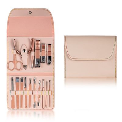 GANYUU Nail Cutter Pedicure Scissors Set Stainless Steel Eagle Hook Portable Manicure Nail Clipper Tool Set Makeup (Color : 16pcs-Pink pu)