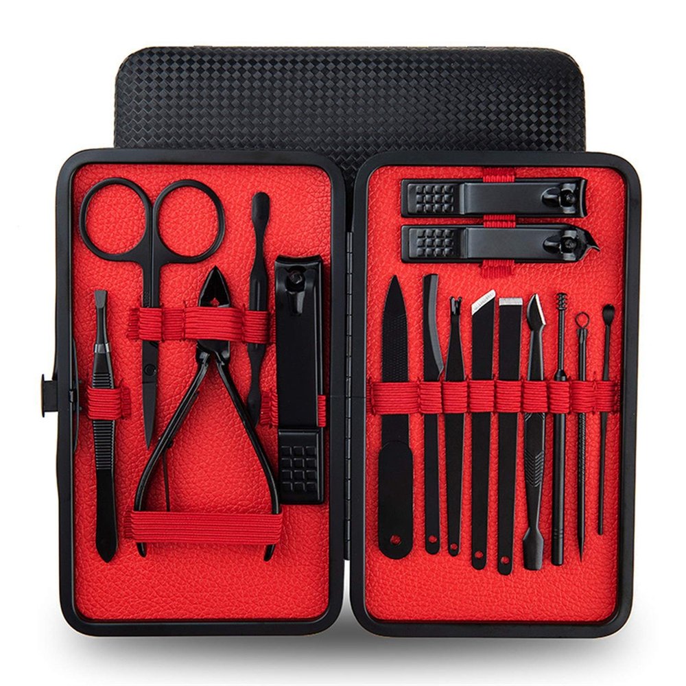 FULNES 4-23PCS Professional Nail Clipper Pedicure Manicure Set Stainless Steel Cuticle Scissor Pusher Tweezer Nail File Nail Cutter Set (Color : 16PCS RED)