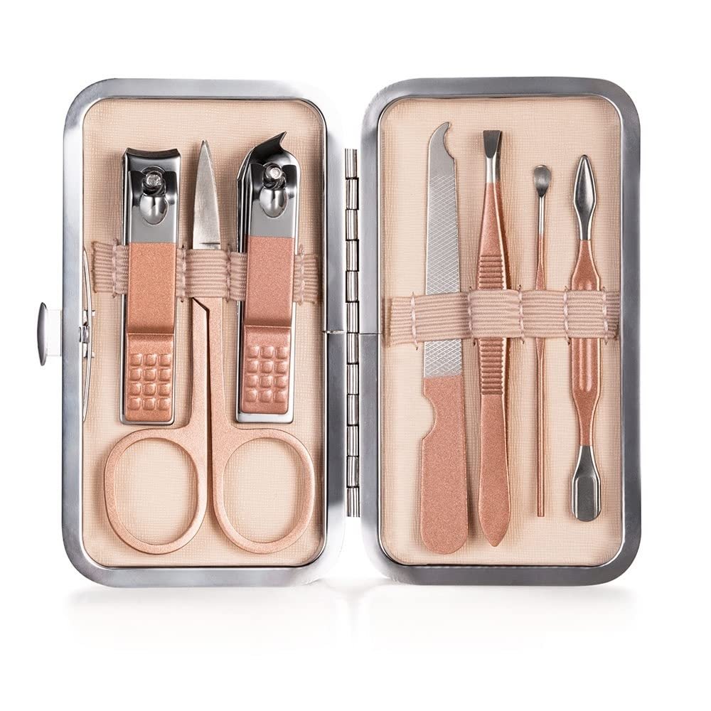 CYSUE Nail Cutter Pedicure Scissors Set Stainless Steel Eagle Hook Portable Manicure Nail Clipper Tool Set Makeup (Color : 7pcs-Pink)