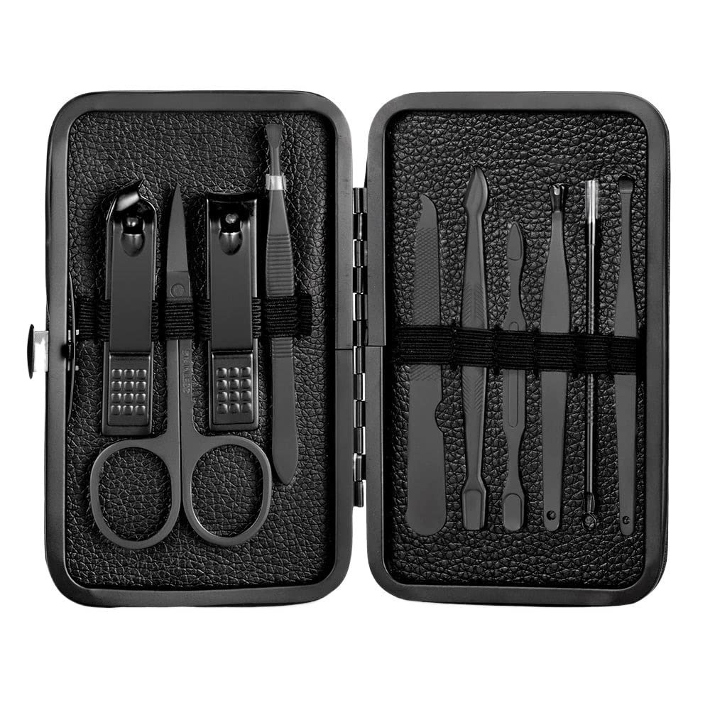CYSUE 18 in 1 Manicure Set Stainless Steel Nail Clippers Pedicure Kit Portable Travel Household Nail Scissor Kit Nail Cutter Tool Set (Color : 10pcs Black)