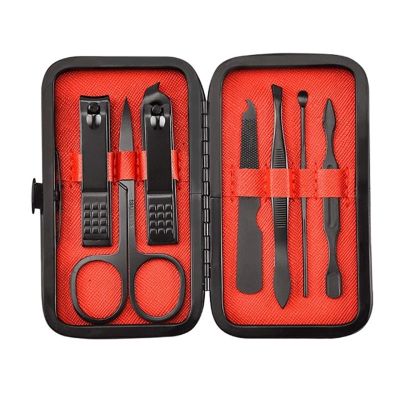 GANYUU Stainless Steel Nail Clipper Cutter Trimmer Scissor Tweezers Knife Ear Pick Grooming Kit Manicure Pedicure Toe Tools (Color : 7pcs red)