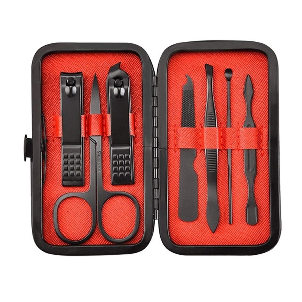 GANYUU Stainless Steel Nail Clipper Cutter Trimmer Scissor Tweezers Knife Ear Pick Grooming Kit Manicure Pedicure Toe Tools (Color : 7pcs red)