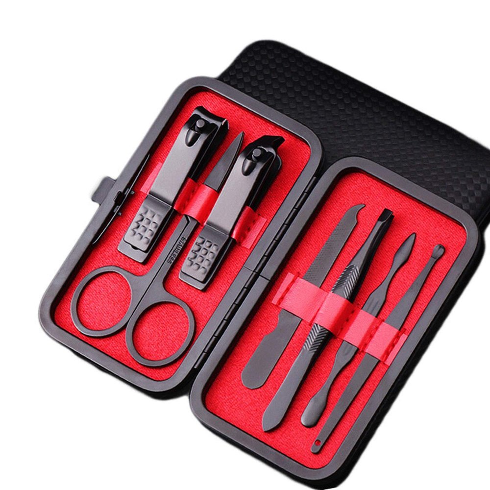 MAALYA 7Pc Nail Tool Stainless Steel Nail Clipper Cutter Trimmer Ear Pick Grooming Kit Manicure Pedicure Scissor Tweezer Nail Tools Set (Color : Red)