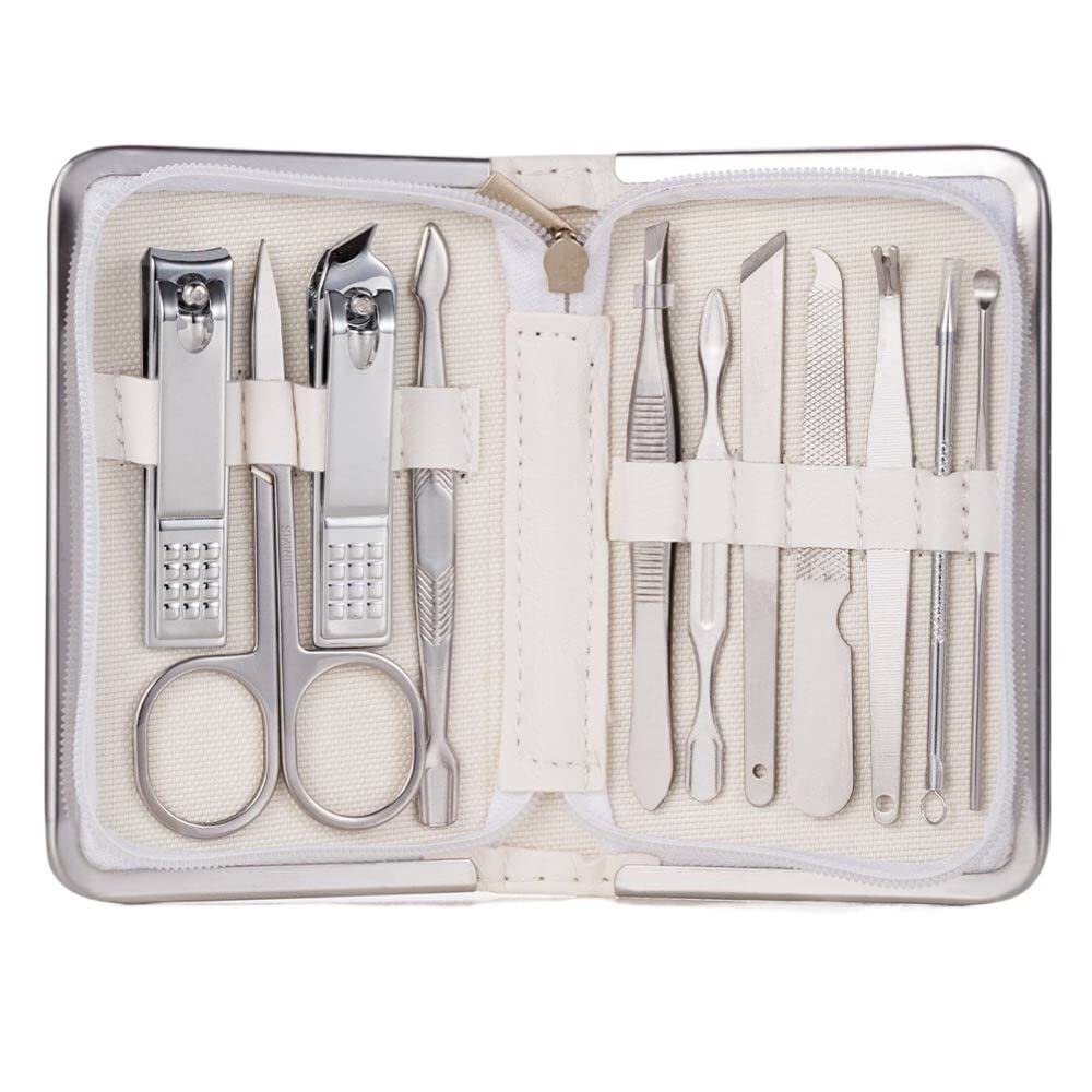 FULNES Professional Nail Tools Sets Steel Nail Clippers Pedicure Kit Multifunctional Portable Manicure Cutter Nail Set (Color : 11pcs-White)