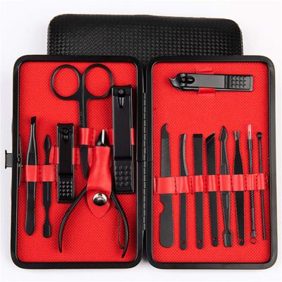 FULNES 4-23PCS Professional Nail Clipper Pedicure Manicure Set Stainless Steel Cuticle Scissor Pusher Tweezer Nail File Nail Cutter Set (Color : 15PCS RED)