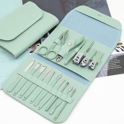 FULNES Manicure Set Nail Clippers Tools Household 12/16Pcs Green Stainless Steel Ear Spoon Nail Cutters Scissors Kit for Manicure Tools (Color : 16pcs Green)