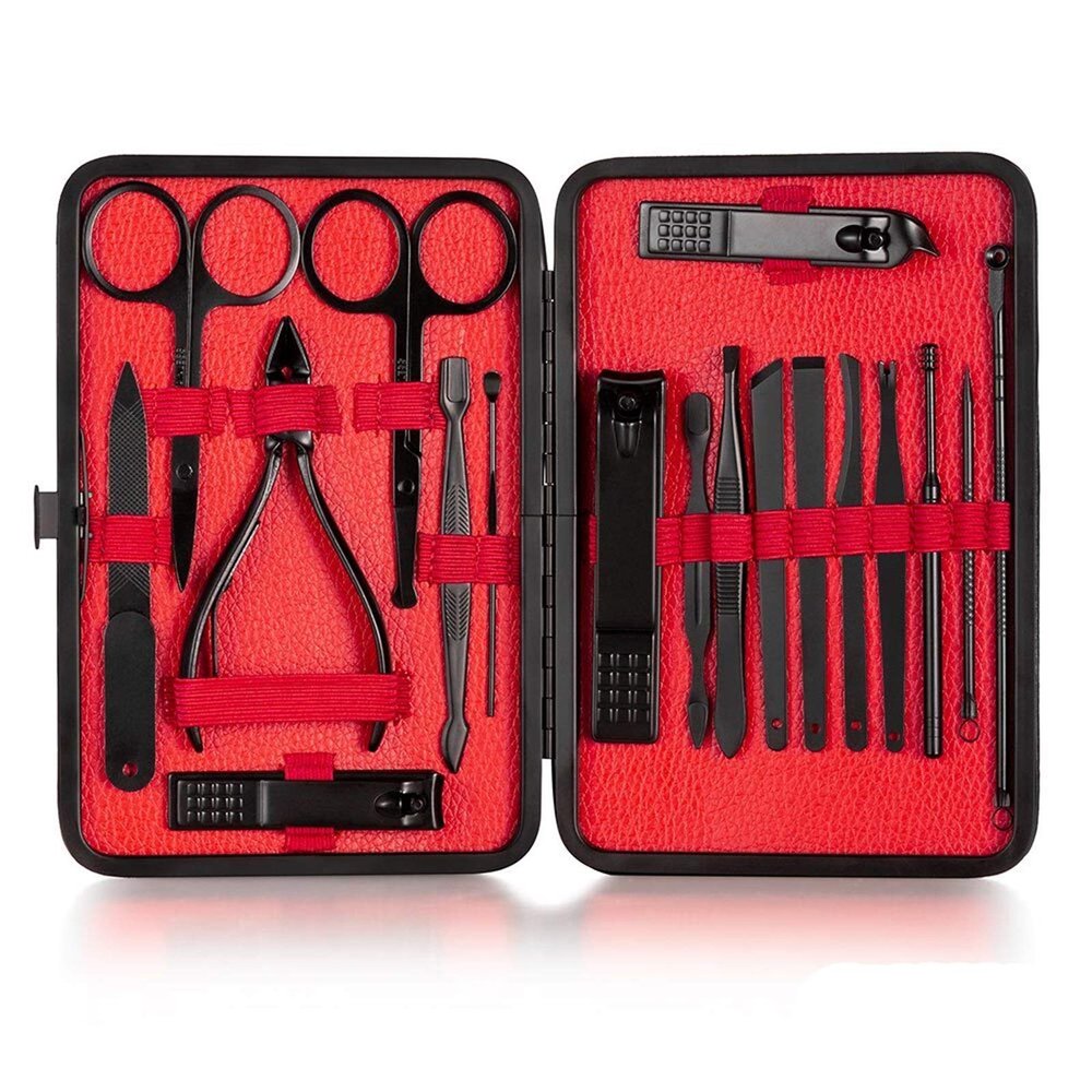FULNES 4-23PCS Professional Nail Clipper Pedicure Manicure Set Stainless Steel Cuticle Scissor Pusher Tweezer Nail File Nail Cutter Set (Color : 18PCS RED)