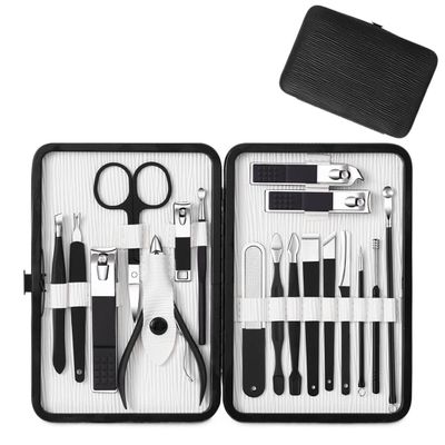 FULNES 7/18pcs Nail Clipper Set New Upgrade Black Stainless Steel Nail Cutter Sharp Pedicure Scissors Manicure Tool Set (Color : 18pcs Black)
