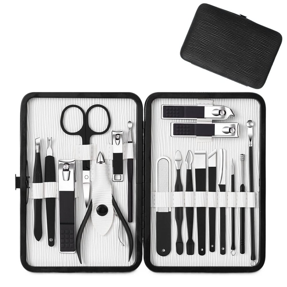 FULNES 7/18pcs Nail Clipper Set New Upgrade Black Stainless Steel Nail Cutter Sharp Pedicure Scissors Manicure Tool Set (Color : 18pcs Black)