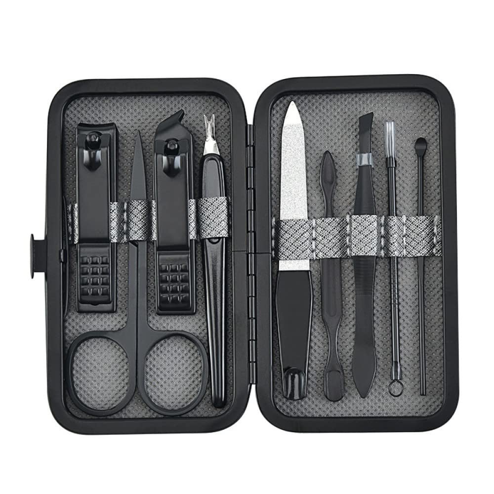 9pcs/set Nail Clippers Manicure Pedicure Set Portable Travel Stainless Steel Nail Cutter Tool Kit Fingernail Suit,Black