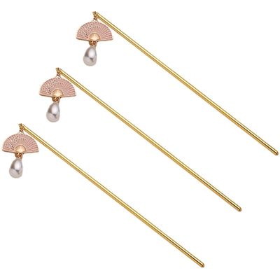 KALLORY 3pcs Accessories Gifts Hairpins Women Style Pin Bun for Girls Retro Fan Alloy Pearl Hair Vintage Jewelry Hairpin Shape Chopstick Headdress Chinese with Chignon Chopsticks