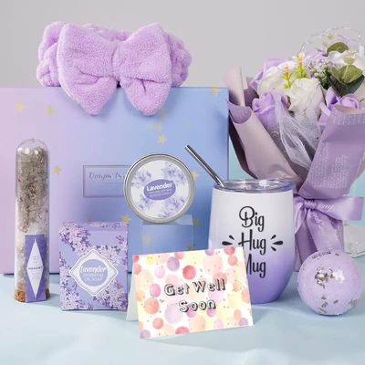 Get Well Soon Gifts for Women, Luxurious Lavender Gift Basket Care Package for Sending Love Sickness Surgery Recovery Feel Better Sympathy Spa Set