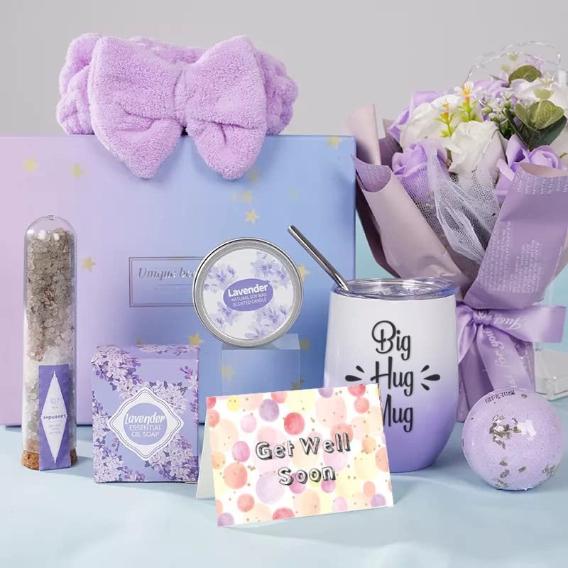 Get Well Soon Gifts for Women, Luxurious Lavender Gift Basket Care Package for Sending Love Sickness Surgery Recovery Feel Better Sympathy Spa Set