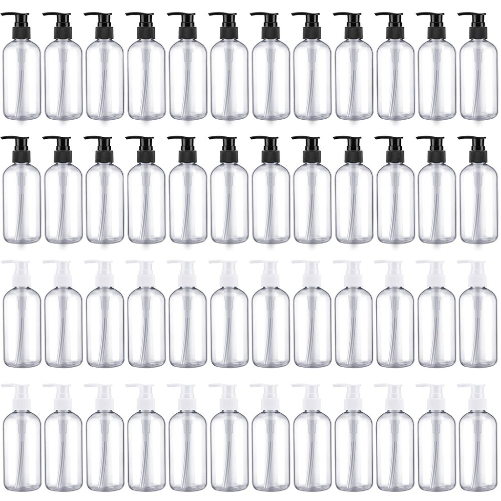 48 Pcs Pump Bottle Lotion Dispenser Refillable Shampoo Conditioner Hand Soap Dispenser Plastic Empty 8oz/250ml Clear Reusable Body Wash Container Bulk(Clear, White, Black)