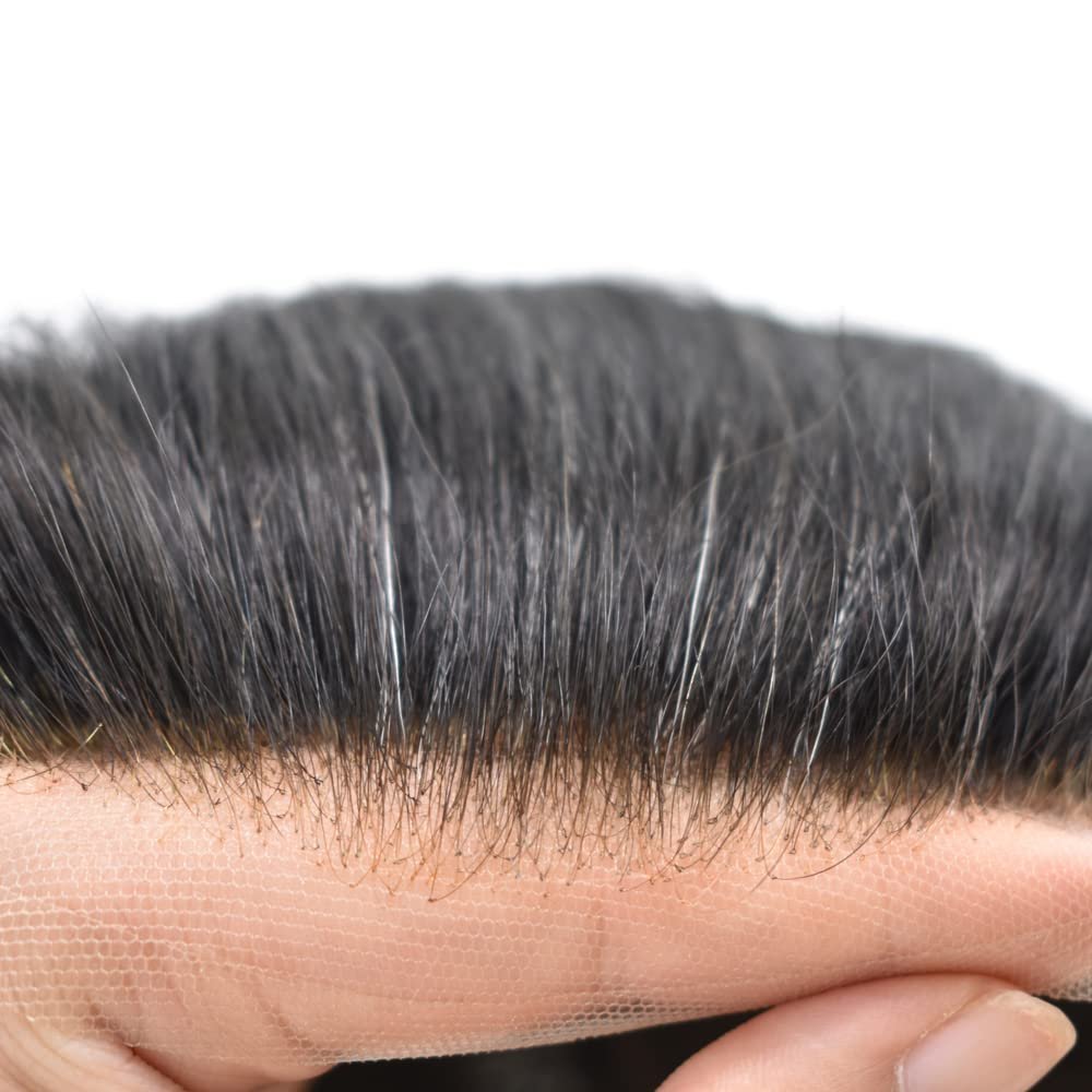 Healthlif Breathable Toupee For Men Real Human Hair System Undetectable Lace Mens Hairpiece Natural Hairline Men Toupee 8x10#1B20#1B Off Black+20% Grey 100% Density