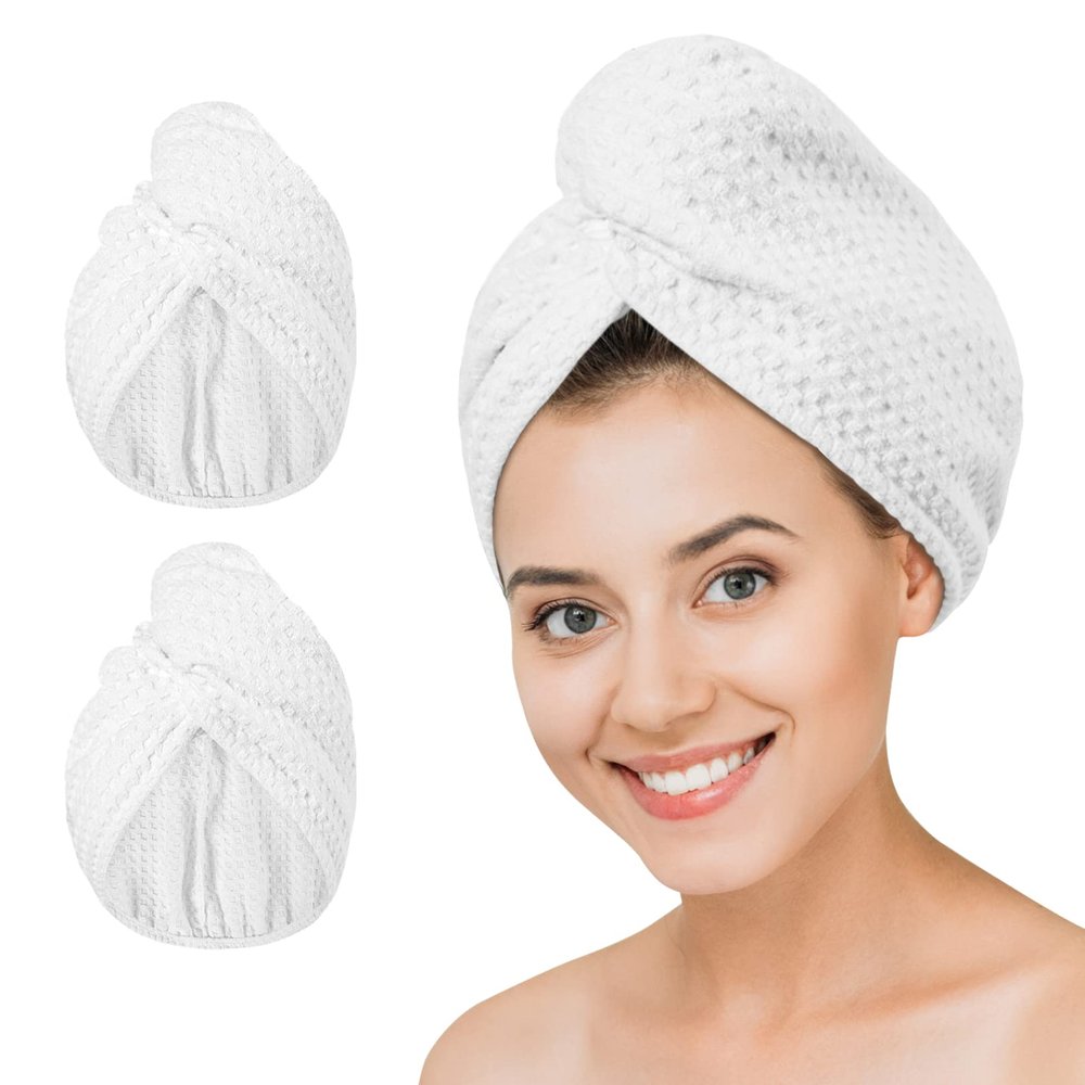 Dolwis Microfiber Hair Drying Towel - 2Packs Waffle Long Hair Head Turban Wraps Terry Cloth Fast Absorbent Dry Anti Frizz Twist Plopping Curly Shower Turban for Women Wet Hair (White)