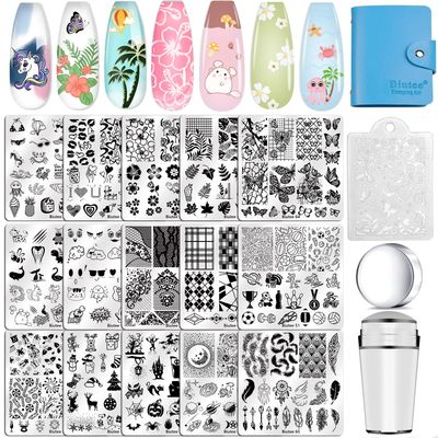 Biutee Nail Stamping Plates Set 15PCS Nail Art Stamper Scraper Nail Art Stamping Kit with Storage Bag Gift Box Nail Stamp Template Kit Lace Flower Butterfly Star Christmas Holiday Design