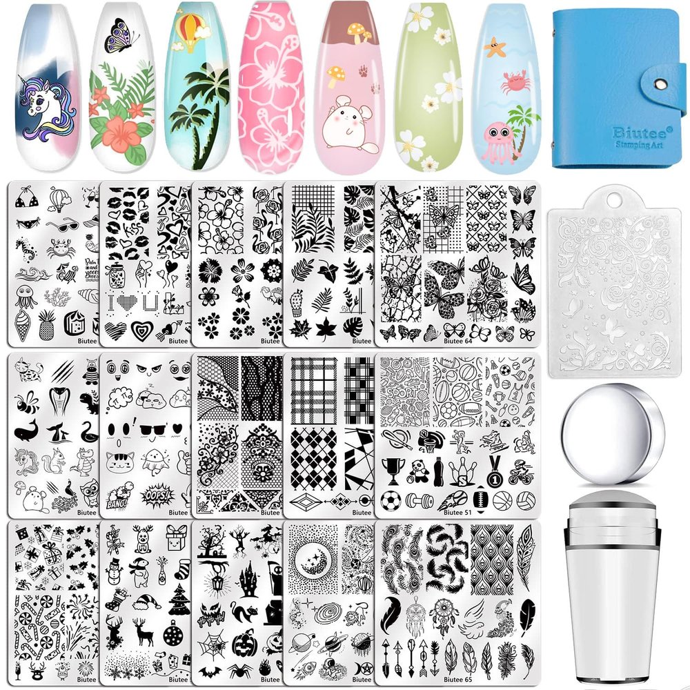 Biutee Nail Stamping Plates Set 15PCS Nail Art Stamper Scraper Nail Art Stamping Kit with Storage Bag Gift Box Nail Stamp Template Kit Lace Flower Butterfly Star Christmas Holiday Design