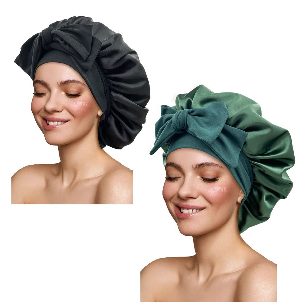 Satin Bonnet Silk Bonnet Hair Bonnet for Sleeping Large Bonnets with Tie Band Wrap with Adjustable Straps Cap Night Sleep Caps for Women Curly Braid Hair(Black,Hunter Green)
