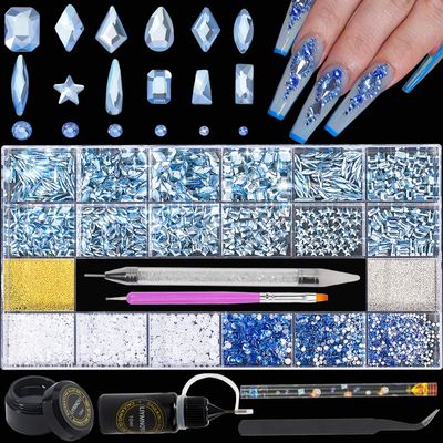Nail Rhinestones Kit 9080PCS Flatback Rhinestones for Nail Crystals Decoration Nail Hearts Multi Shapes Mix Size and Metal Beads Pearl Gold Silver with Glue Gel and Pen Brush Tweezers(Light Blue)