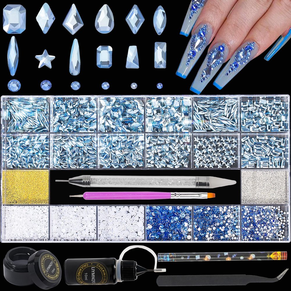Nail Rhinestones Kit 9080PCS Flatback Rhinestones for Nail Crystals Decoration Nail Hearts Multi Shapes Mix Size and Metal Beads Pearl Gold Silver with Glue Gel and Pen Brush Tweezers(Light Blue)
