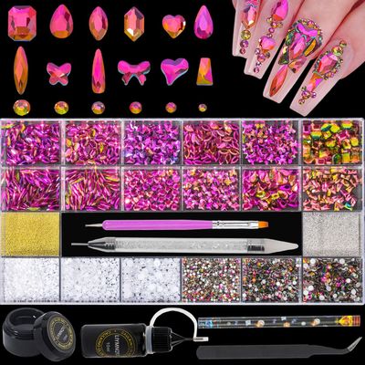 Nail Rhinestones Kit 9080PCS Flatback Rhinestones for Nail Crystals Decoration Nail Hearts Multi Shapes Mix Size Metal Beads Pearl Gold Silver with Glue Gel and Pen Brush Tweezers (Flame Red)
