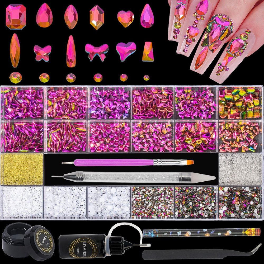 Nail Rhinestones Kit 9080PCS Flatback Rhinestones for Nail Crystals Decoration Nail Hearts Multi Shapes Mix Size Metal Beads Pearl Gold Silver with Glue Gel and Pen Brush Tweezers (Flame Red)