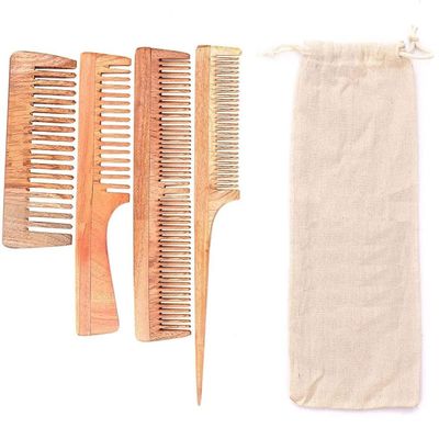 sainio (Pack of 4) Neem Wood Anti-Dandruff Comb with Pure Cotton Pouch - Family Kit
