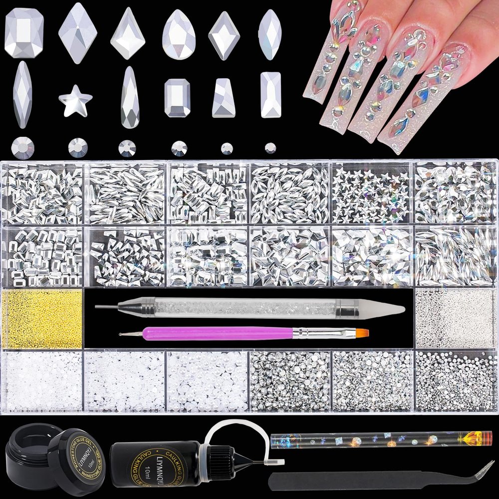 Nail Rhinestones Kit 9080PCS Flatback Rhinestones for Nail Crystals Decoration Nail Hearts Multi Shapes Mix Size and Metal Beads Pearl Gold Silver with Glue Gel and Pen Brush Tweezers(Mine Silver)