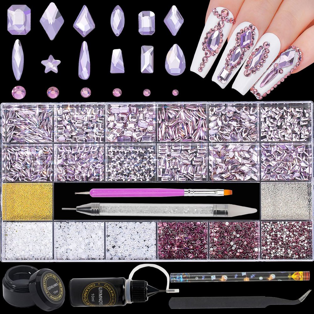 Nail Rhinestones Kit 9080PCS Flatback Rhinestones for Nail Crystals Decoration Nail Hearts Multi Shapes Mix Size and Metal Beads Pearl Gold Silver with glue gel and Pen brush tweezers(Light Purple)