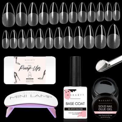 Makartt Nail Tips and Glue Kit: Almond Medium Tips 500PCS with 3D Gel Solid Builder Gel for Extension, Full Cover Pre-Buffed Nails, Non-Sticky Carving Glue, Complete DIY Manicure Nail Art