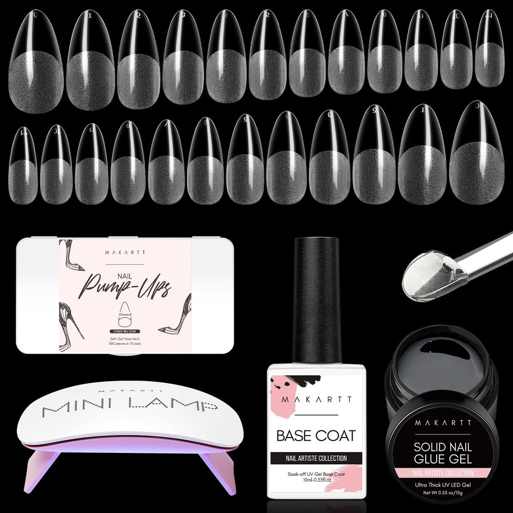 Makartt Nail Tips and Glue Kit: Almond Medium Tips 500PCS with 3D Gel Solid Builder Gel for Extension, Full Cover Pre-Buffed Nails, Non-Sticky Carving Glue, Complete DIY Manicure Nail Art