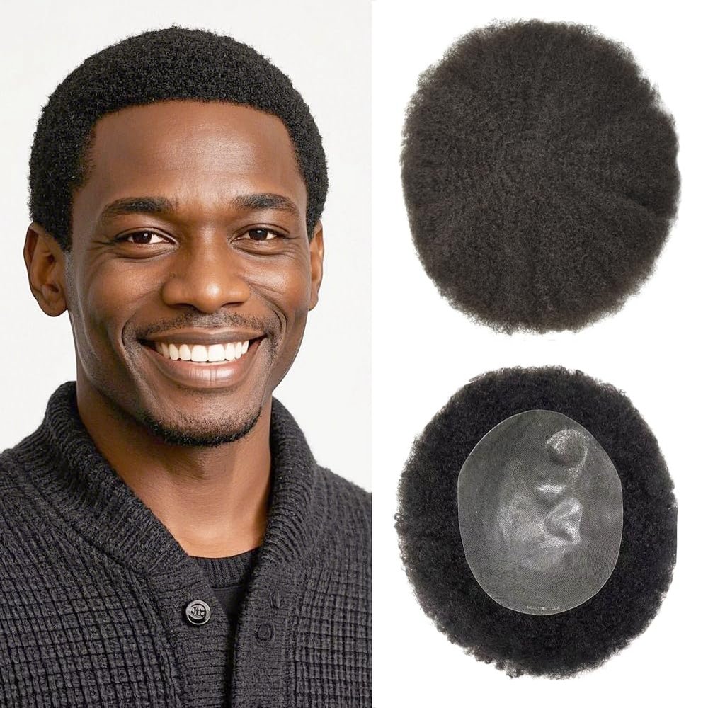 Afro Hair Units for Black Mens Toupee Hair Piece Meave Units Afro Toupee for Man Afro Curly Human Hair Replacement System African American Curl Male Hairpiece 120% Density 4mm Afro Wavy-1B# Off Black