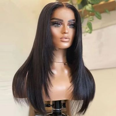 Jnymell Layered Cut Straight Lace Front Wigs HD Transparent Middle Part Brazilian Layered Human Hair Wigs for Women Pre Plucked Baby Hair 180% Density 13X6 HD Invisible Lace Frontal Wig 24Inch