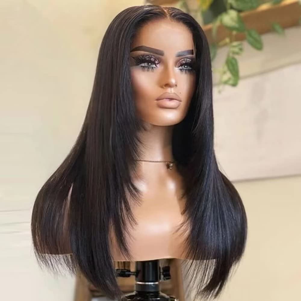 Jnymell Layered Cut Straight Lace Front Wigs HD Transparent Middle Part Brazilian Layered Human Hair Wigs for Women Pre Plucked Baby Hair 180% Density 13X6 HD Invisible Lace Frontal Wig 24Inch