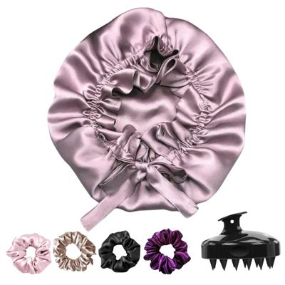 Atrube Silk Satin Hair Bonnet Reversible Sleep Cap adjustable tie band Head wrap for sleeping Hair Cover for women with FREE Scrunchies , Comb And Satin drawstring pouch (Purple)