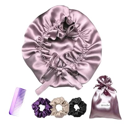 Atrube Satin Silk Hair Bonnet Cap With 3 Premium Scrunchies| Sleep Cap With Adjustable Tie Band For Curly Hair