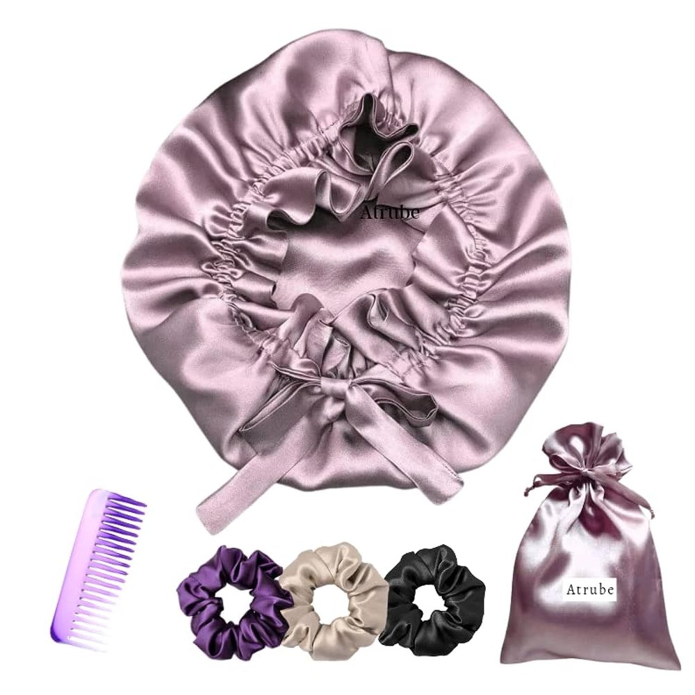Atrube Satin Silk Hair Bonnet Cap With 3 Premium Scrunchies| Sleep Cap With Adjustable Tie Band For Curly Hair
