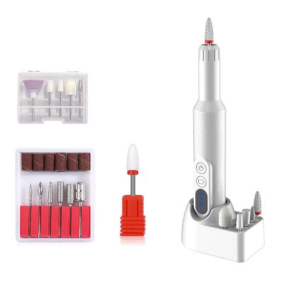 Electric Nail Drill, Acrylic Dip Nail Drill Machine USB Electric Nail Filer Kit Nail Tools for Manicure Pedicure with Drill Bits, Sanding Bands,White,130 * 23mm