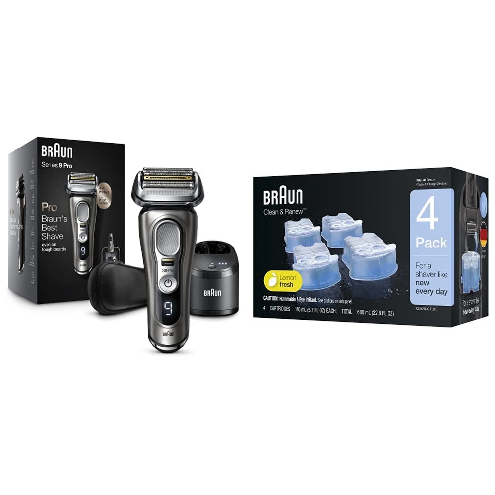 Braun Electric Razor for Men, Series 9 Pro 9465cc Wet & Dry Electric Foil Shaver with ProLift Beard Trimmer, Cleaning & Charging SmartCare Center, with Clean & Renew Refill Cartridges, 4 Count