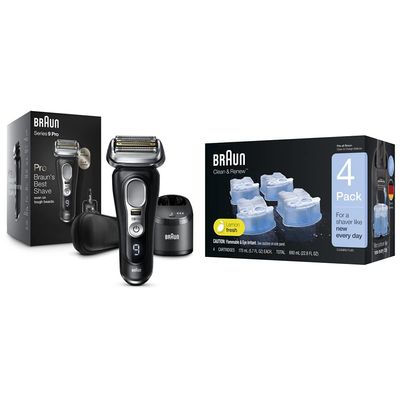 Braun Electric Razor, Waterproof Foil Shaver for Men, Series 9 Pro 9460cc, Wet & Dry Shave, With ProLift Beard Trimmer for Grooming with Clean & Renew Refill Cartridges, 4 Count, Pack of 1