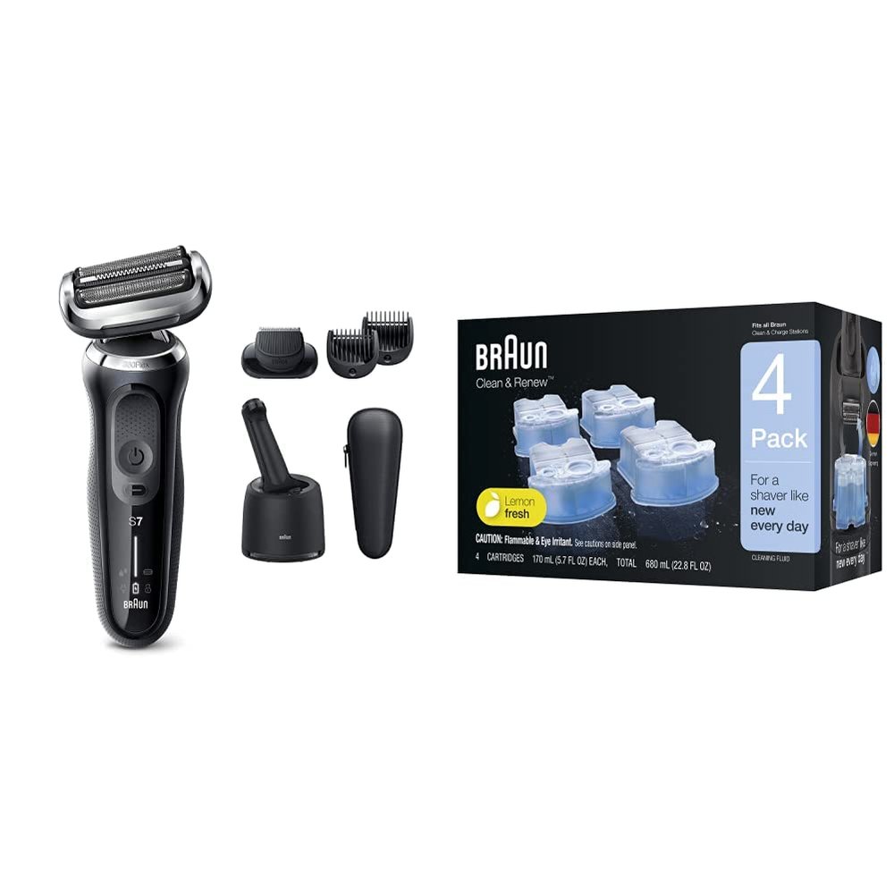 Braun Electric Razor for Men, Waterproof Foil Shaver, Series 7 7075cc, Wet & Dry Shave, with Beard Trimmer, Rechargeable with Clean & Renew Refill Cartridges, 6 Count, Pack of 1