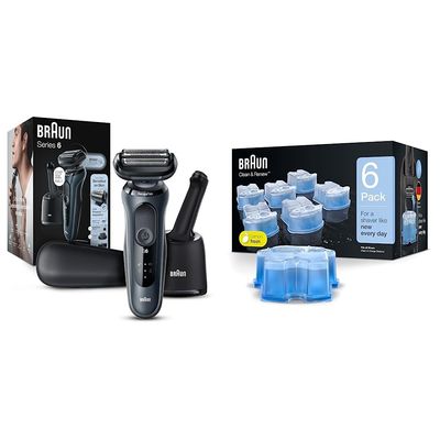Braun for Sensitive Skin Electric Razor for Men, Waterproof, Rechargeable, Clean & Charge Station with Travel Case, Black with Clean & Renew Refill Cartridges, 6 Count, Pack of 1