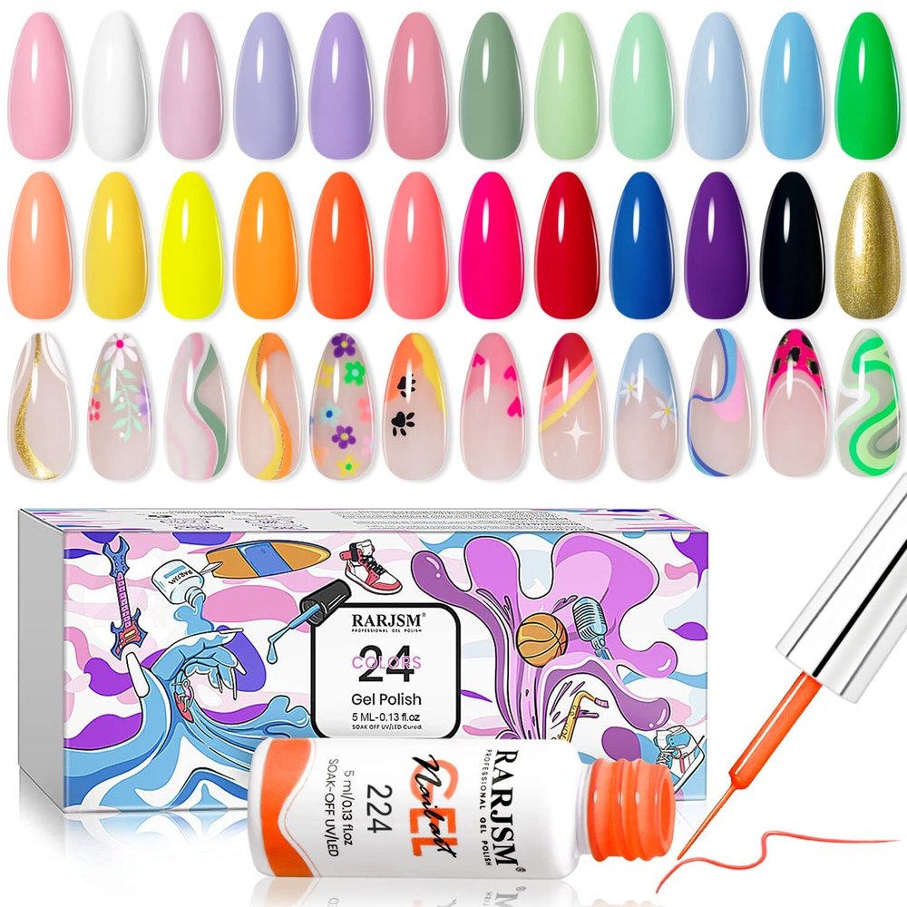 RARJSM Gel Liner Nail Art Kit - 24 Bright Shades, Pink, Green, Blue, Gold Glitter - Soak Off, Curing Need - 5ml Dispensers