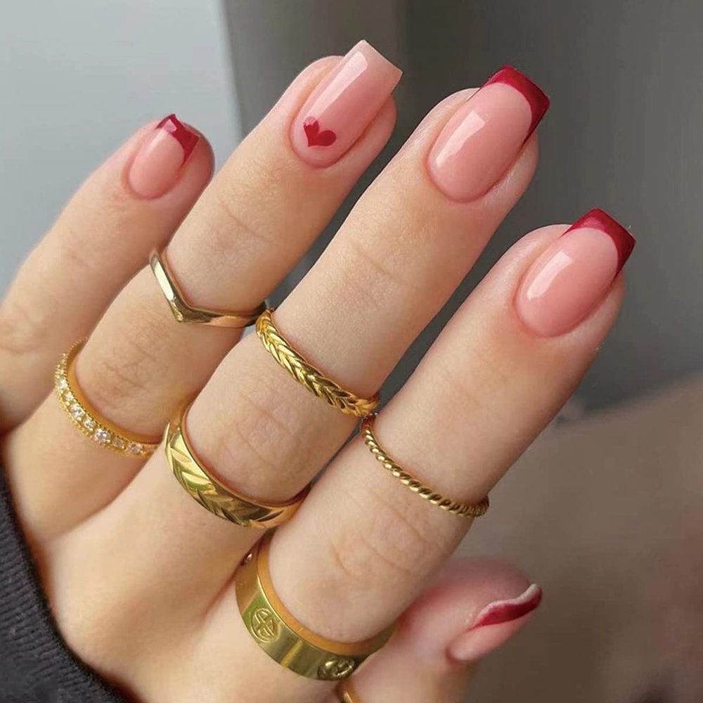 24Pcs French Tips Press on Nails Short Square Valentines Day Fake Nails Full Cover Glue on Nails with Red Heart Design Almond Glossy Artificial Stick on Nails False Nails for Women Girls