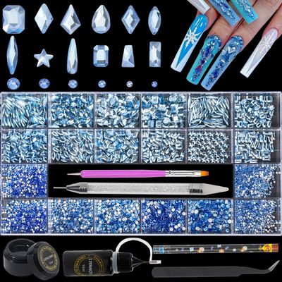 DZHILHMX Nail Rhinestones - 4300pcs Light Blue Crystals, Multiple Shape Gems, Flat Back Rhinestones, with Kit and Glue Gel, for Nail Art Decoration