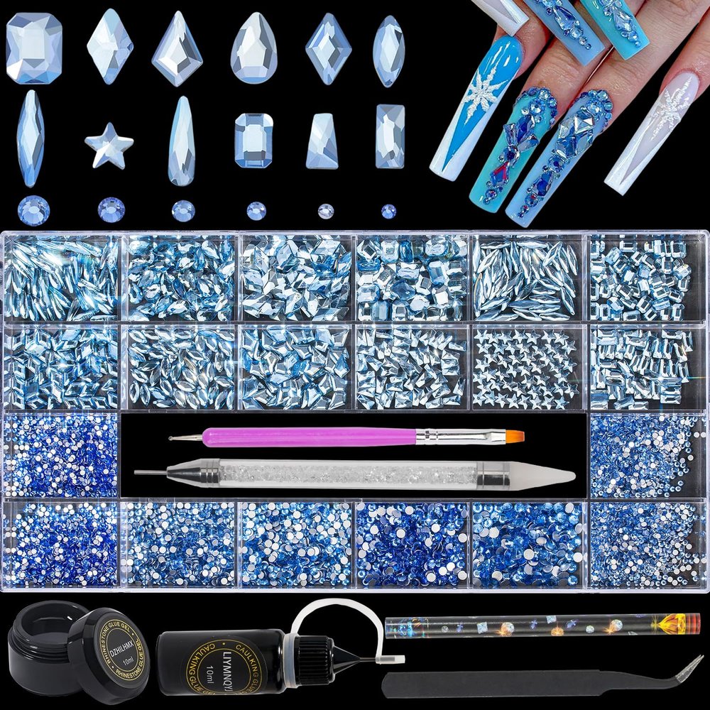 DZHILHMX Nail Rhinestones - 4300pcs Light Blue Crystals, Multiple Shape Gems, Flat Back Rhinestones, with Kit and Glue Gel, for Nail Art Decoration